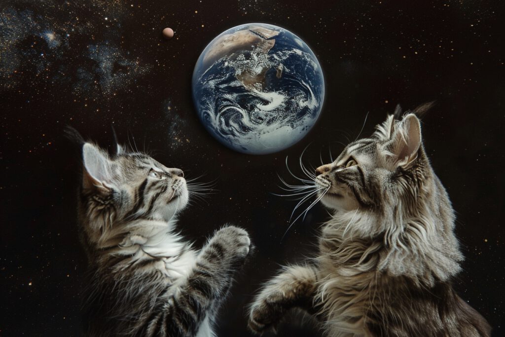 Die beiden Katzen Stinker und Flausch spielen Pingpong mit dem Planeten Erde.