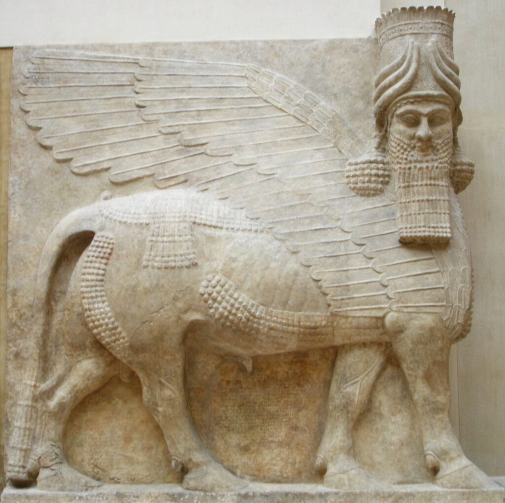 Lamassu (menschenköpfiger geflügelter Stier) aus dem Palast von Sargon II