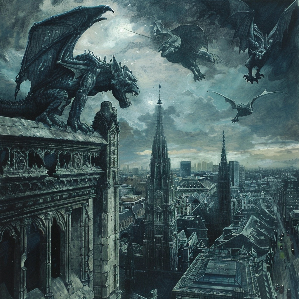 Die Welt der Gargoyles - Gargoyles über London (KI-Bild)