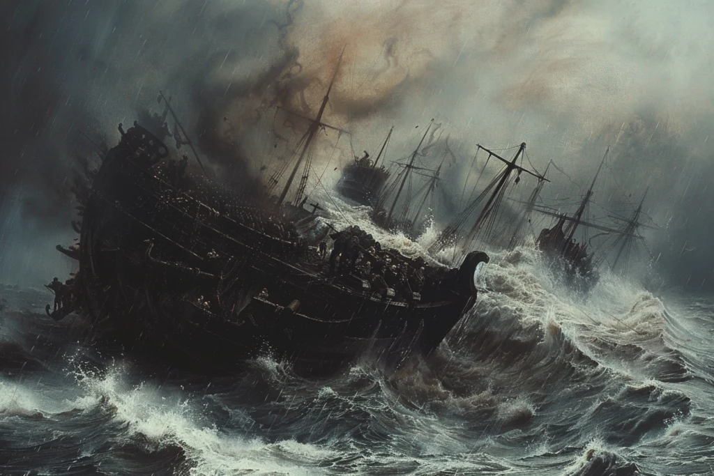 Versinkendes Schiff im Sturm (KI-Bild)
