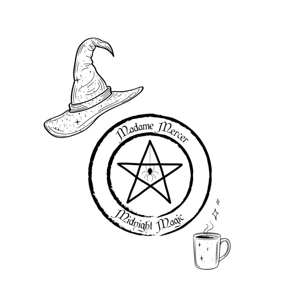 Madame Mercer Pentagramm Logo mit Hexenhut und Teetasse