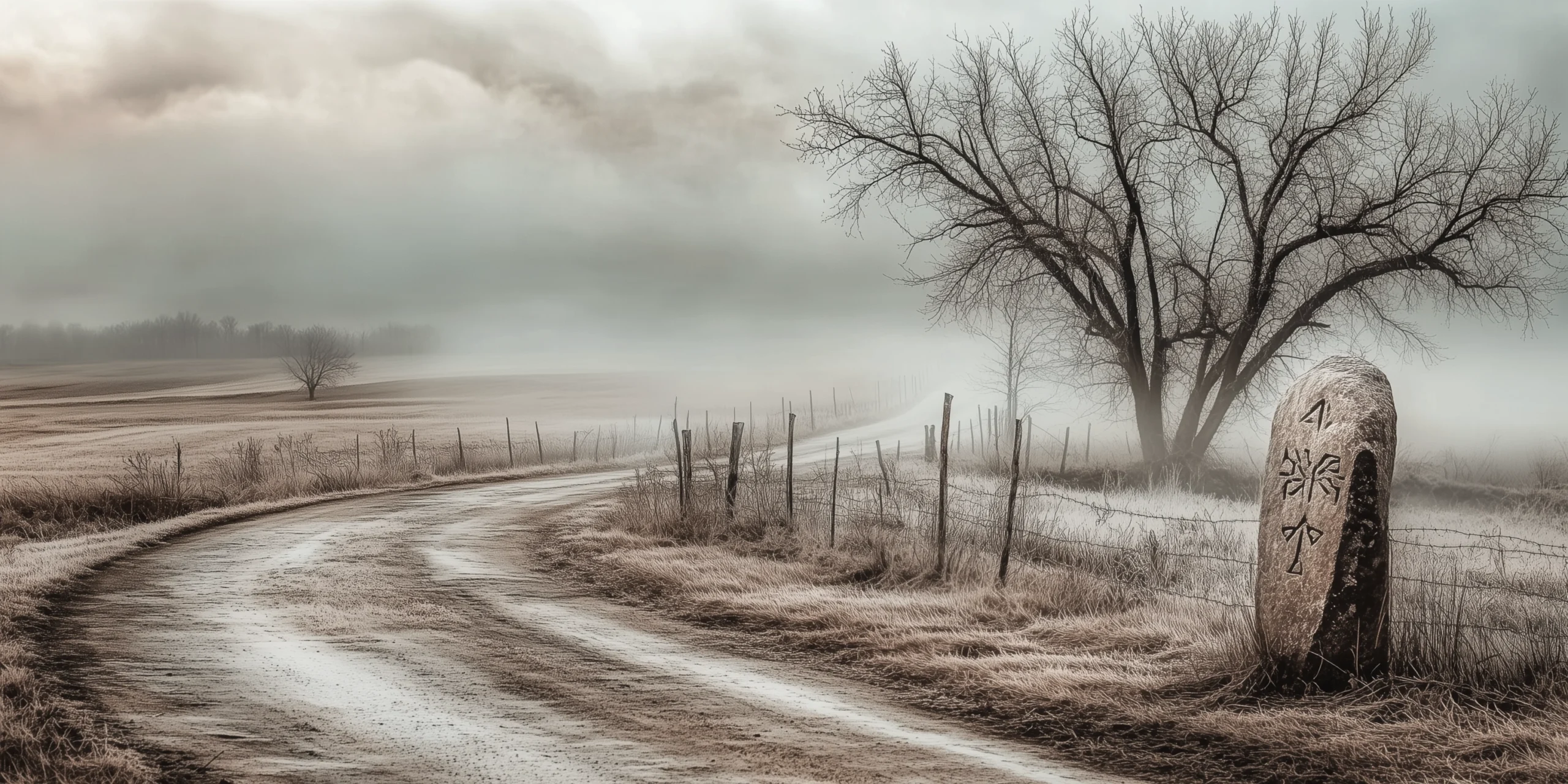 Alte Landstraße mit Baum und Meilenstein