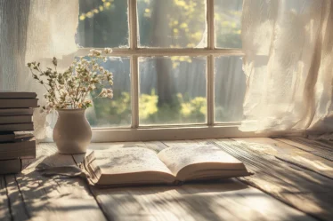 Sonnenlicht fällt durch Fenster auf Buch und Vase