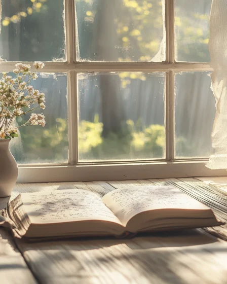 Notiz: Höllensommer oder Hysterie? 2 Sonnenlicht fällt durch Fenster auf Buch und Vase