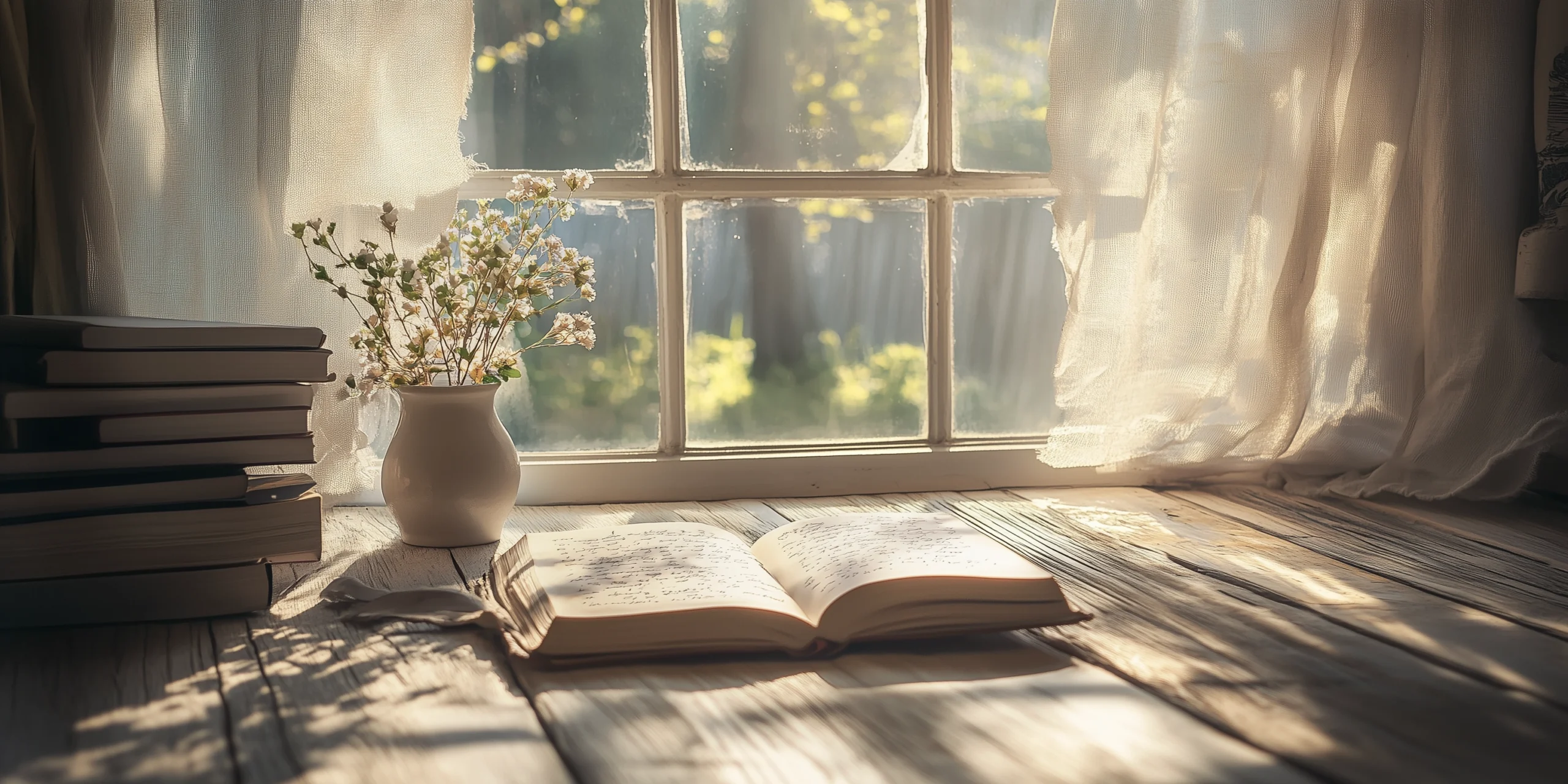 Sonnenlicht fällt durch Fenster auf Buch und Vase
