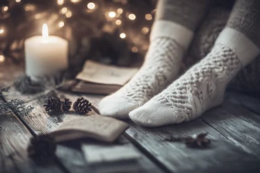 Vintage Socken, Holzfußboden, warmes Licht