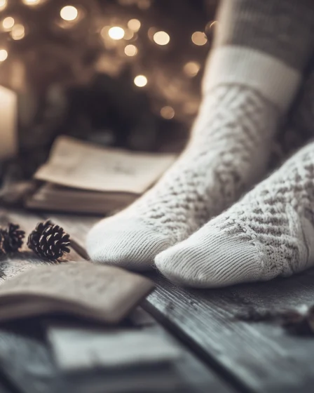 Vintage Socken, Holzfußboden, warmes Licht