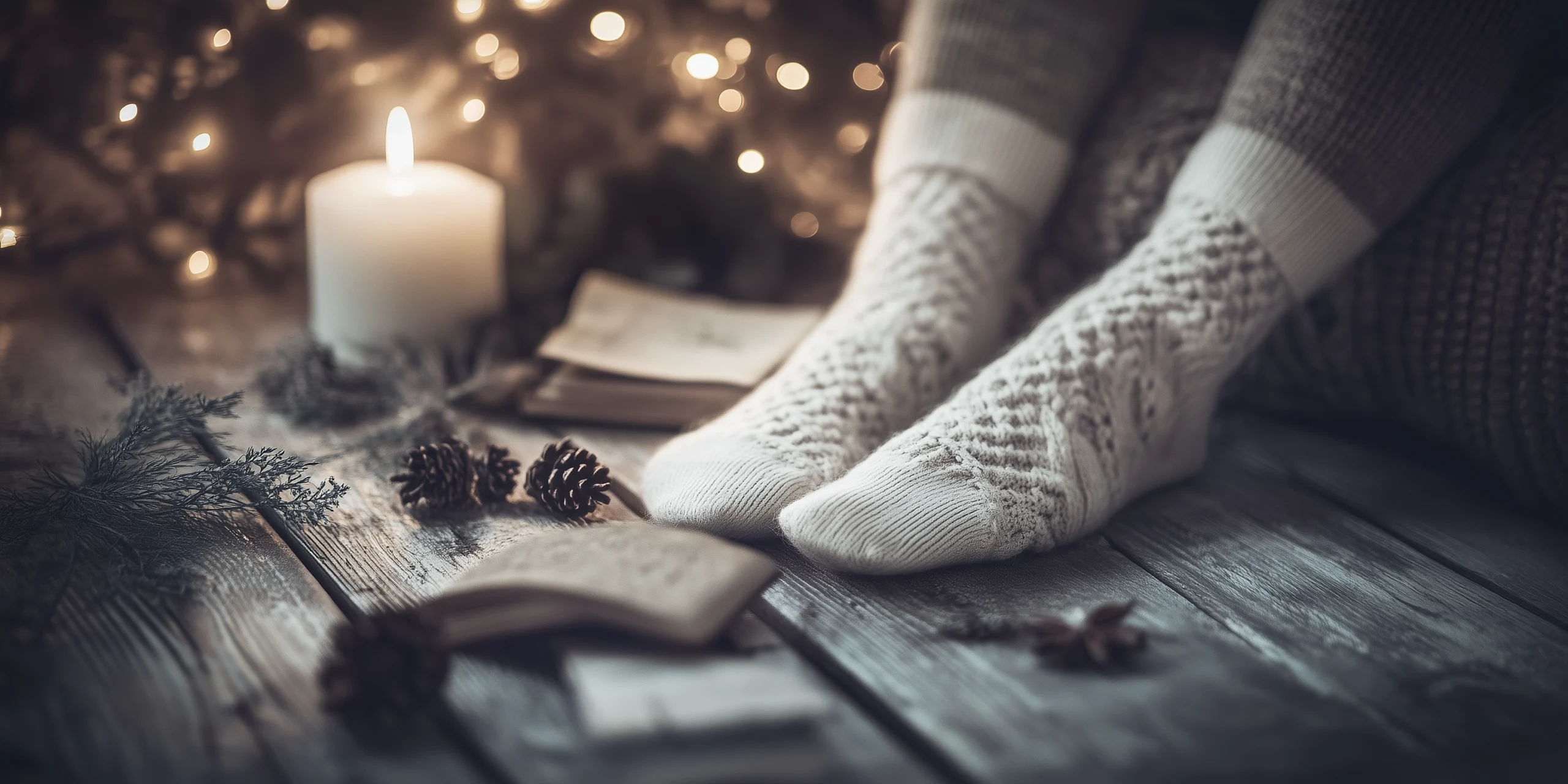 Vintage Socken, Holzfußboden, warmes Licht
