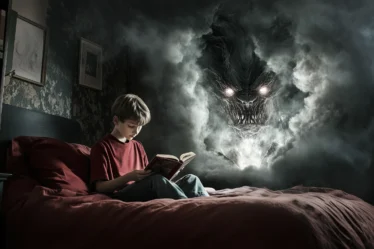 Monster blickt durch die Wand auf lesendes Kind, Metalepsis – die vierte Wand zwischen Fiktion und Realität
