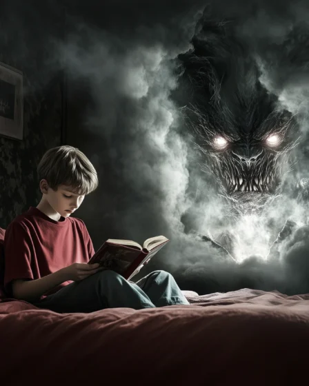 Monster blickt durch die Wand auf lesendes Kind, Metalepsis – die vierte Wand zwischen Fiktion und Realität