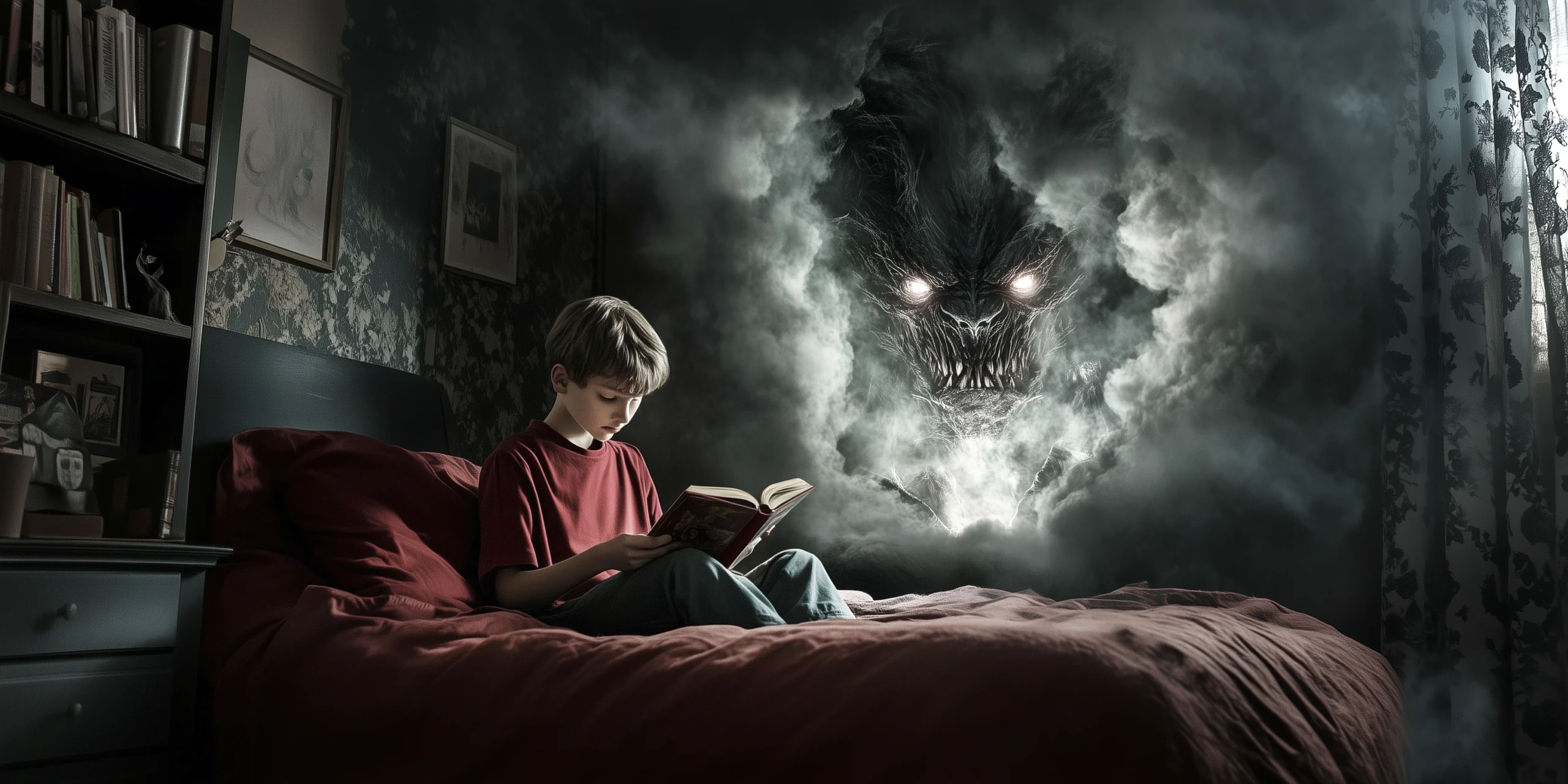 Monster blickt durch die Wand auf lesendes Kind, Metalepsis – die vierte Wand zwischen Fiktion und Realität