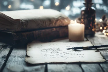 Alter vintage Notizzettel mit Schreibfeder und Kerze