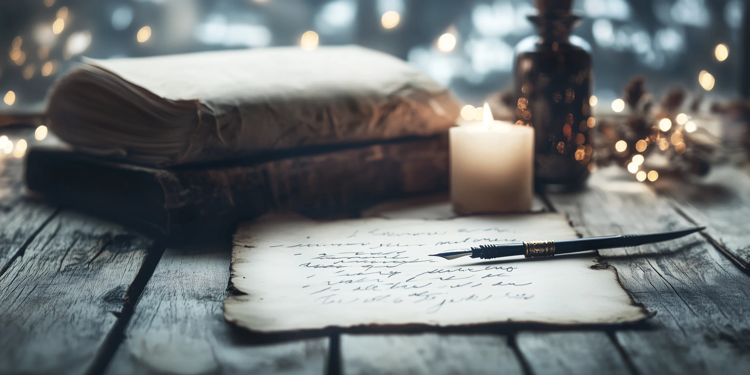 Alter vintage Notizzettel mit Schreibfeder und Kerze