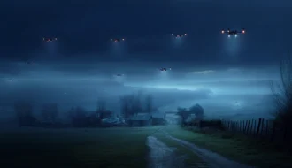 Drohnen über Brandenburg, ländliche Gegend bei Nacht