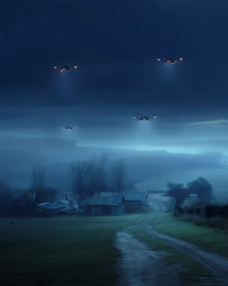 Drohnen über Brandenburg, ländliche Gegend bei Nacht