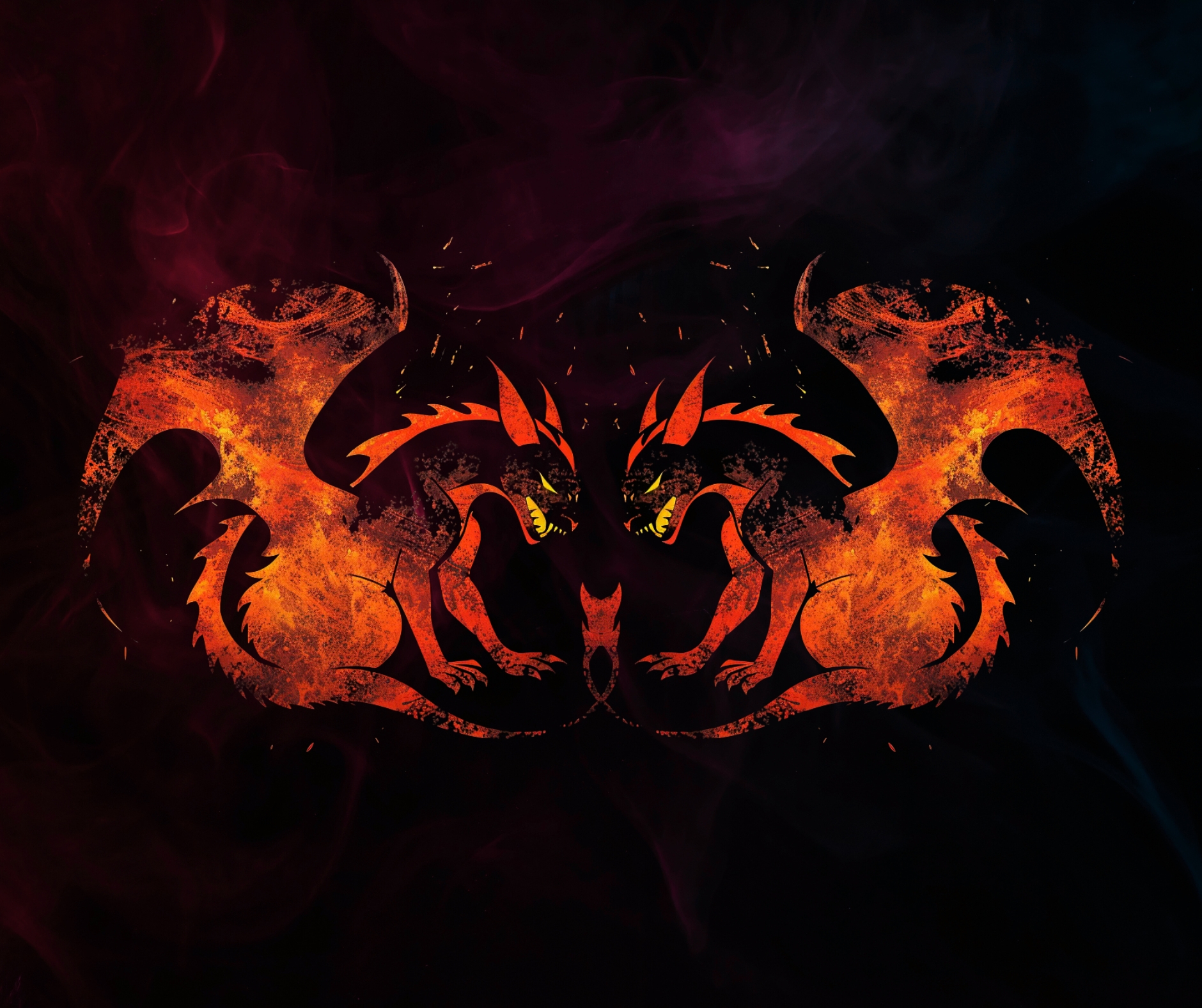 2 rote Drachen sehen sich an, Zeichnung