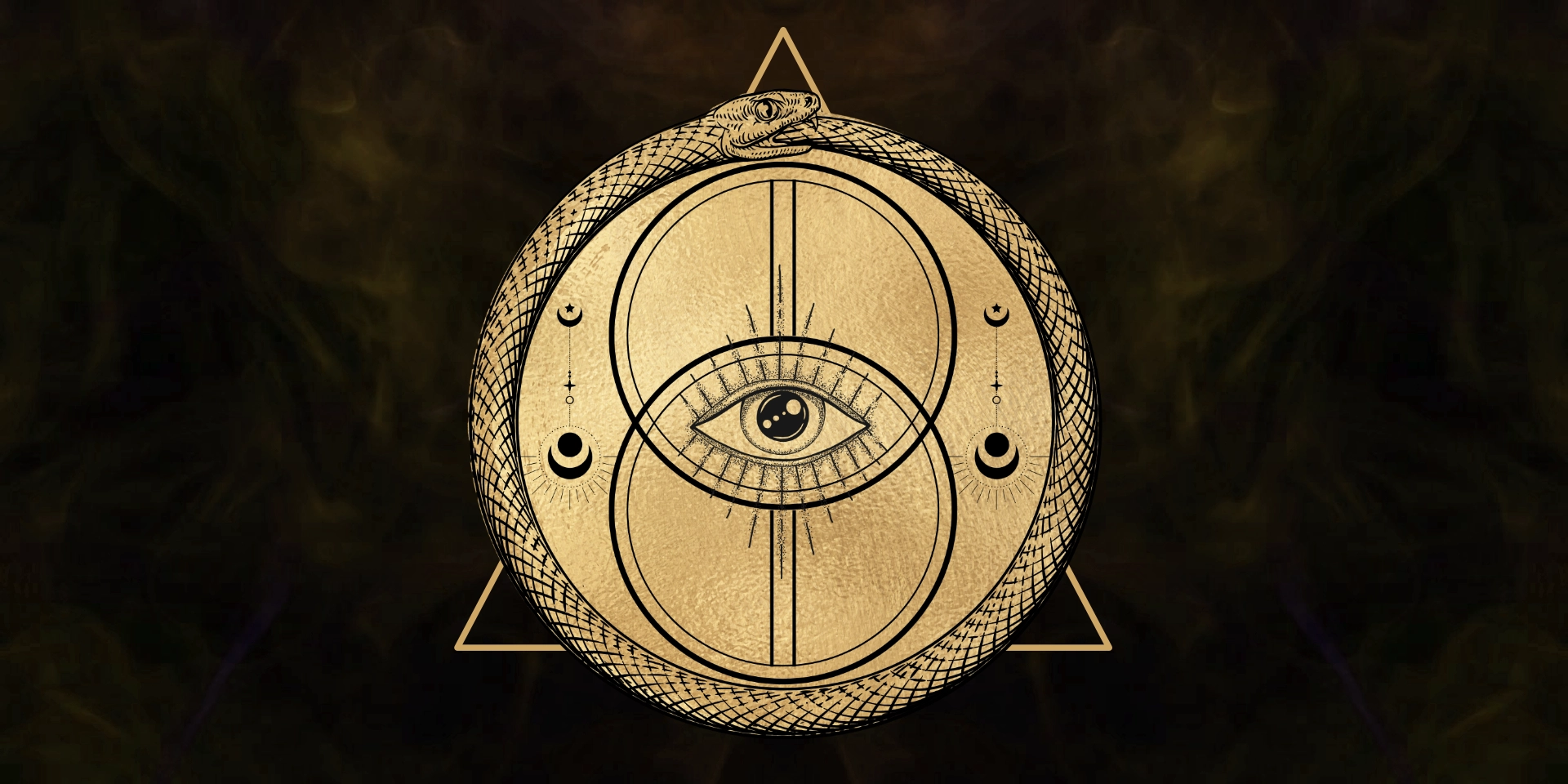 Imagiya-Symbol von Mairi Carlsson, zwei Kreise von Schlange eingefasst, allsehendes Auge