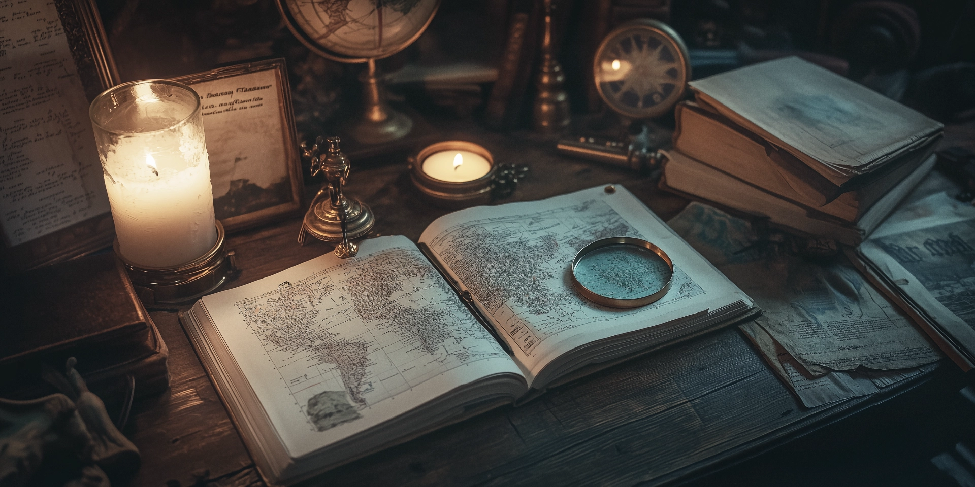 Antiker Schreibtisch mir alten Büchern, Landkarten, Vergrößerungsglas, Kerzen
