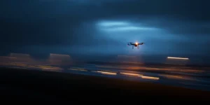 Drohne über Berlin bei Nacht, Lichtreflexe