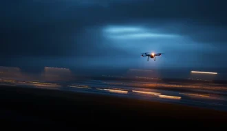 Drohne über Berlin bei Nacht, Lichtreflexe