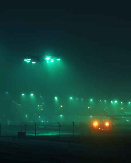 2 Drohnen über Brüssel, Flughafen, unheimliches grünes Licht bei Nacht